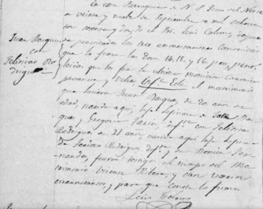 Marriage record for Juan Basques and Felisitas Rodrigues, 1862