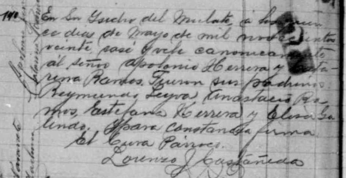 Marriage record for Apolonio Herrera and Catarina Ramos, 1920