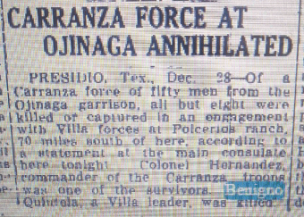 Newspaper clipping: Carranza force at Ojinaga annihilated, December 1916