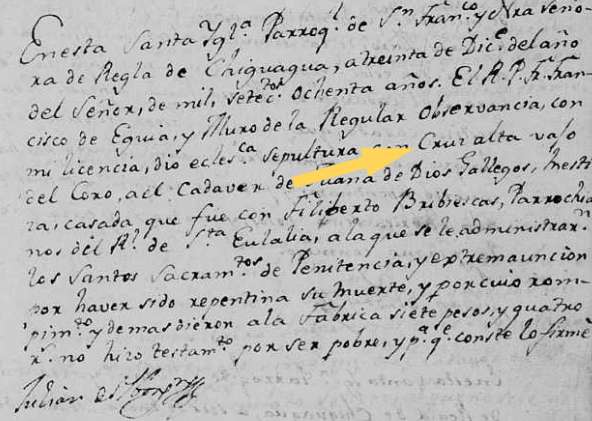 Cruz Alta death record for Juana de Dios Gallegos, 1780