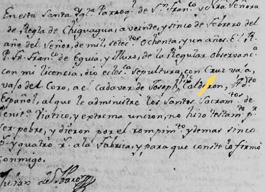 Cruz Baja burial record for Joseph Phelipe Calderon, 1781