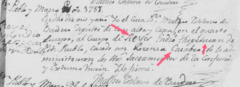 Marriage record, San Pablo Balleza, 1788, noting Indio Thepehuan