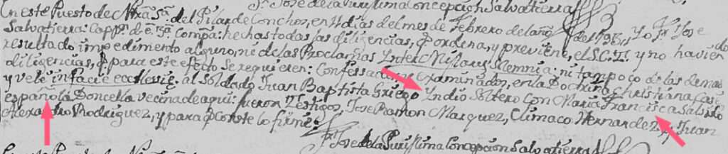 Marriage record, Pilar de Conchos, 1793, for Juan Baptista Griego, Yndio