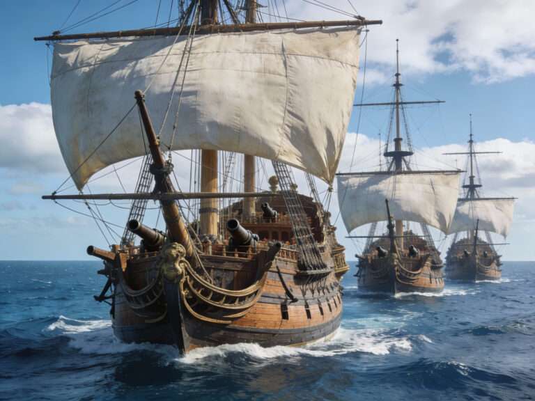 Spanish galleon fleet crossing the Atlantic under full sail