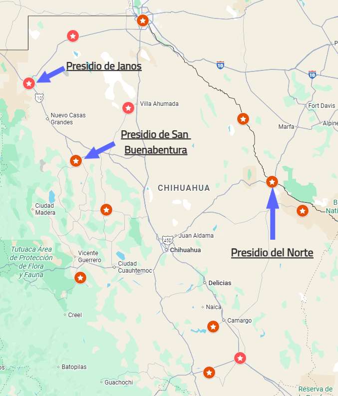 Map showing the locations of the three presidios named in the 1820 marriage record