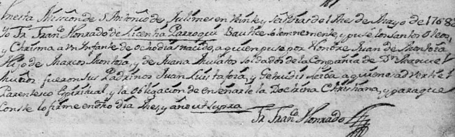 Baptism record of Juan Montoya, son of soldiers of Presidio del Norte, 1768