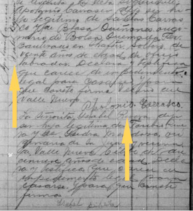Marriage record for Apolonio Carrasco and Ysabel Bejarano or Rivera