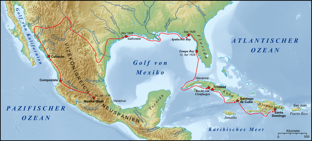 Map of the Cabeza de Vaca expedition route through the Gulf Coast and northern Mexico