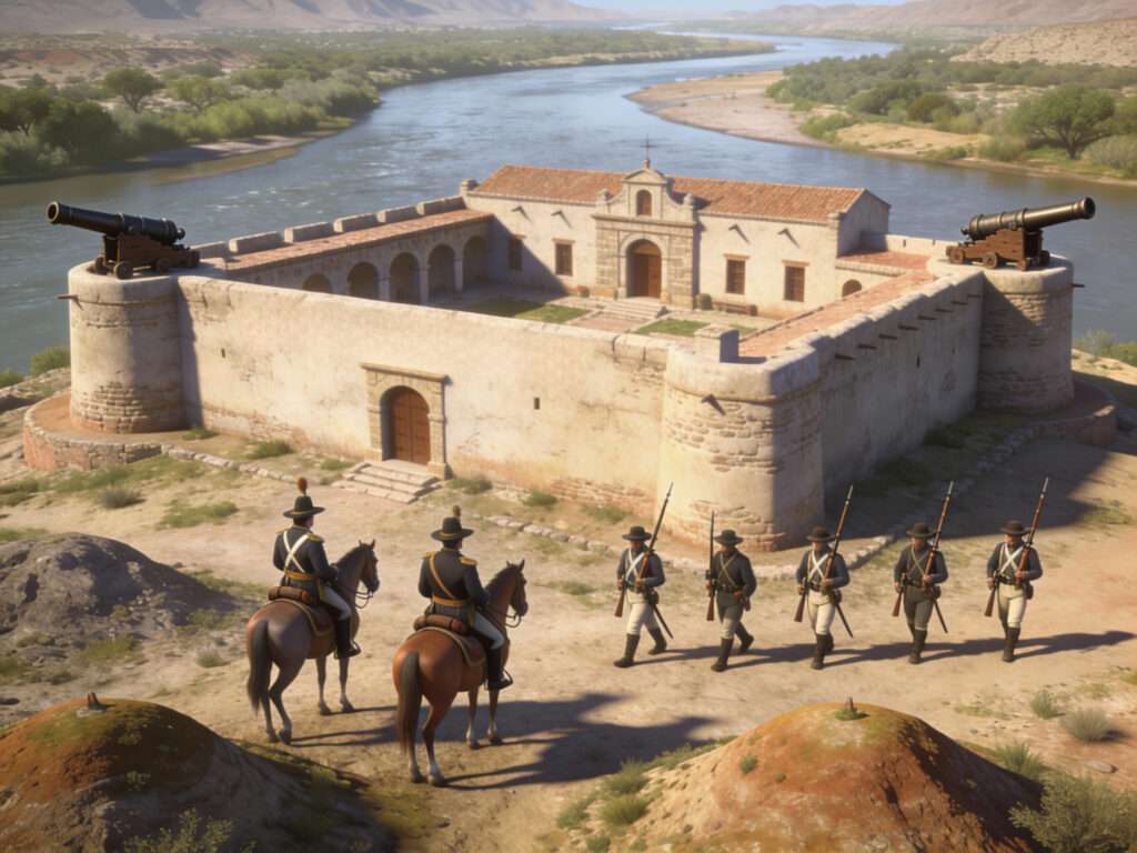 A Spanish presidio and mission on the Rio Grande, with soldiers on the ridge above